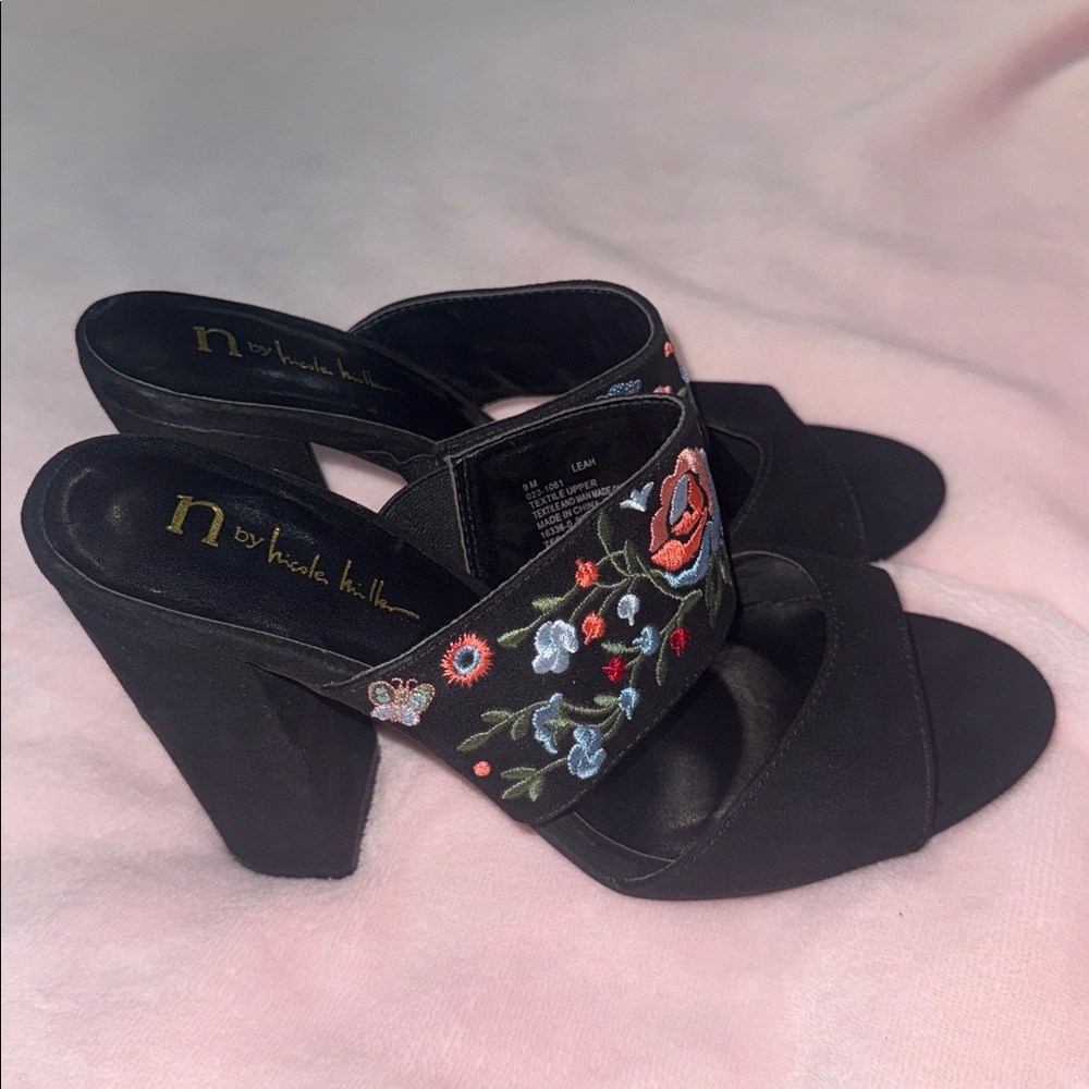 Black Embroidered Slide Heels/Sandals with Floral Accent